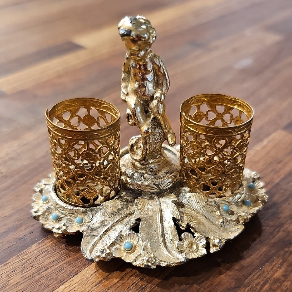 VINTAGE Lipstick Holder Sam Fink Gold Filigree Cherub Vanity 1960's